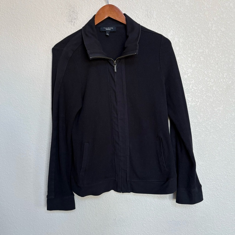 Talbots Black Full Zip Textured Knit Jacket Pockets Stretch Cotton Women’s L